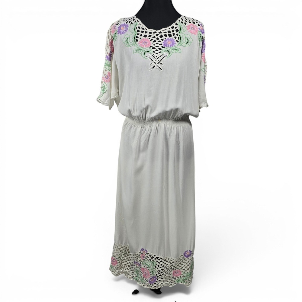 Vintage 70s White Floral Embroidered Crochet Lace Maxi Dress‎ Elastic Waist Boho